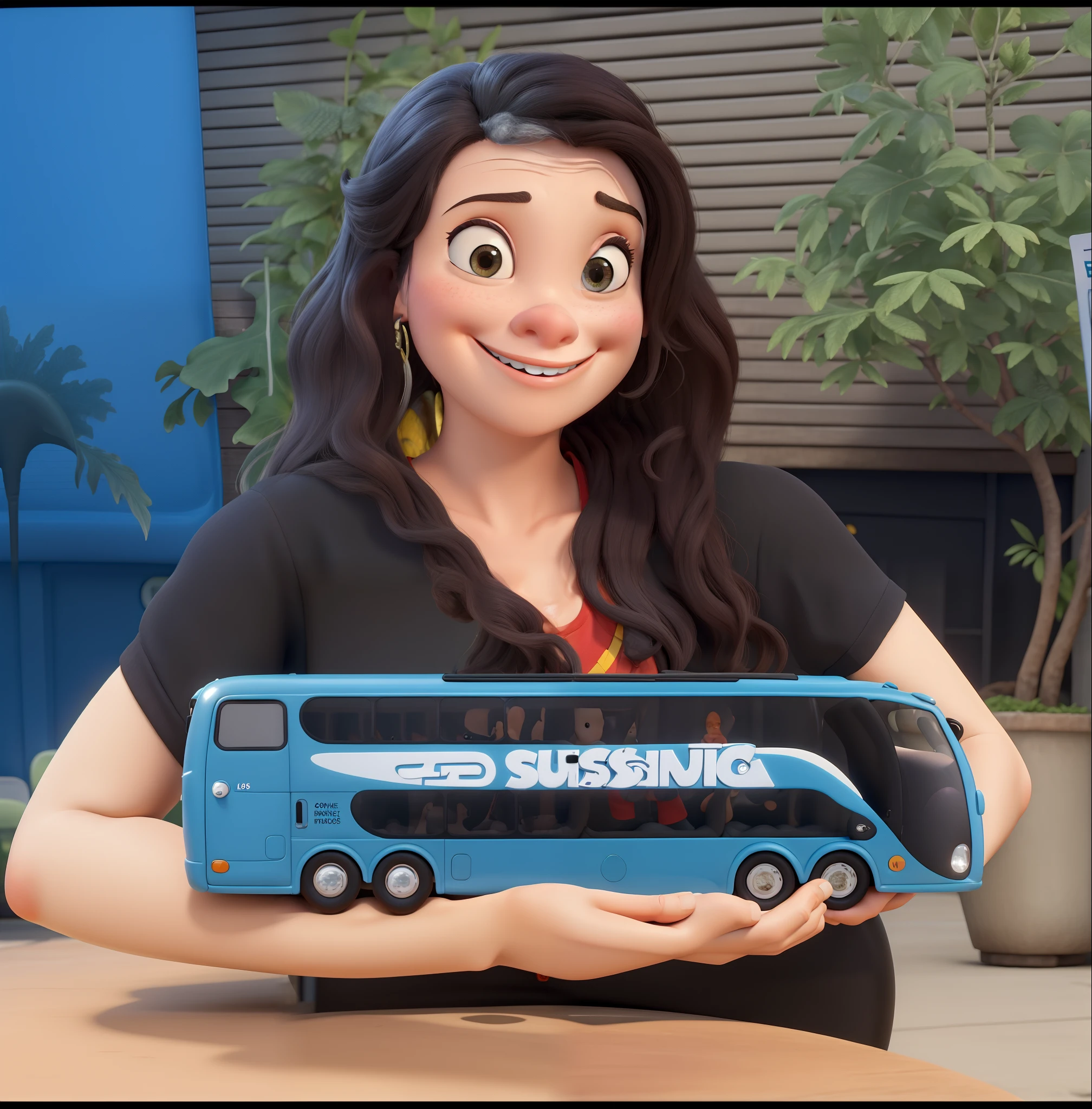 Crie um poster no estilo Pixar, Obra-prima, de melhor qualidade, uma mulher, olhos pretos, cabelos longos e lisos. She's smiling , vestindo uma camiseta preta, holding a model bus.