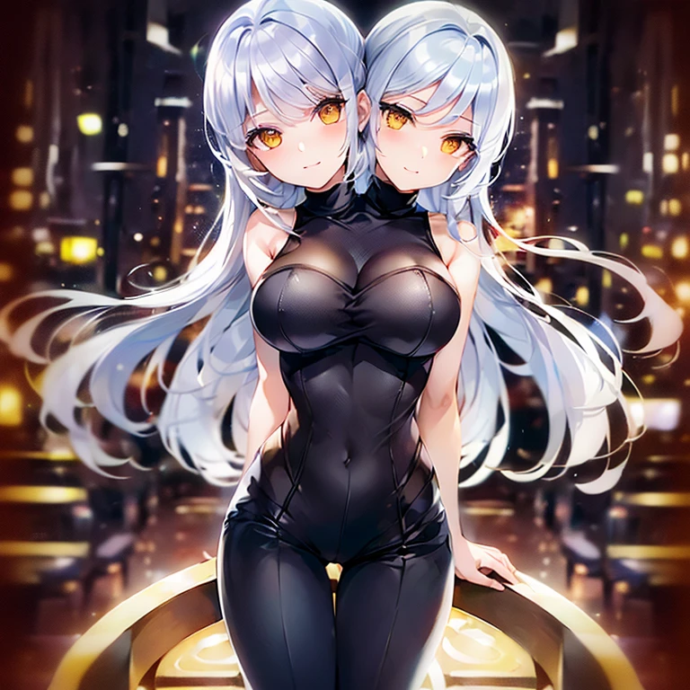 (highest quality, amazing details: 1.25), (2heads:1.5), 1girl, silver turtleneck, silver hair, yellow eyes, red  pants, city background