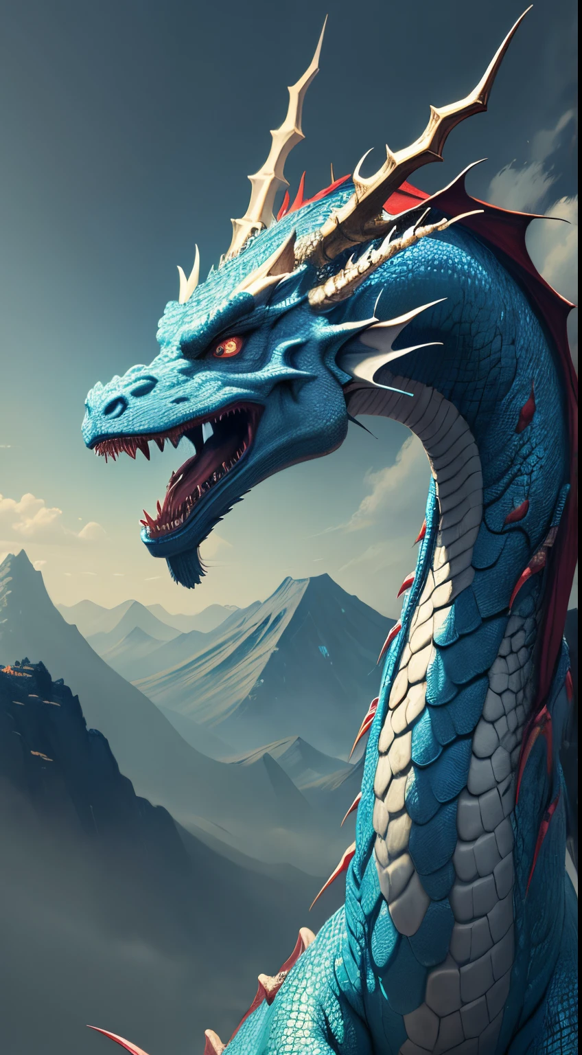a painting of a dragon with its mouth open and its mouth wide open, art of dragon, majestic japanese dragon, Chinese dragon concept art, cyan chinese dragon fantasy, blue dragon, oil painting of dragon, colossal dragon as background, smooth chinese dragon, chinesedragon, pintura digital altamente detalhada, pintura digital altamente detalhada, god of dragons, dragon portrait, epic dragon