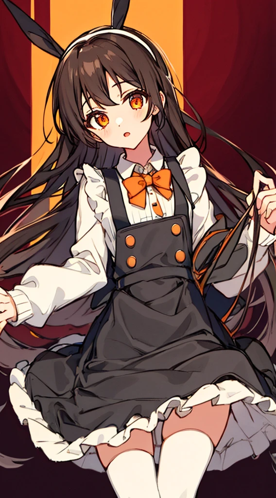 highres Hori Kyouko, 1 girl, black skirt, cardigan, black tights, brown hair, pinafore dress, collared dress, one-piece dress, striped cardigan, hime hair, long hair, long sleeves, looking at viewer, orange eyes, princess dress, skirt, solo, Thigh high stockings, plaid dress, apron style dress, flat chest, cute erotica, Hori Kyouko, a girl with brown hair, wears a black skirt and black stockings. She wears a one-piece dress with a collar and long sleeves, and her hair is styled in the hime style, typical of a princess. With orange eyes fixed on the viewer, her plaid dress and thigh-high stockings complement her cute and erotic appearance masterpiece, best quality, highres, absurdres, ((Composition seen up close))、Top image quality、Top resolution、​masterpiece