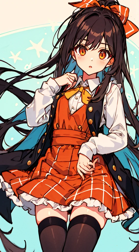 highres Hori Kyouko, 1 girl, black skirt, cardigan, black tights, brown hair, pinafore dress, collared dress, one-piece dress, striped cardigan, hime hair, long hair, long sleeves, looking at viewer, orange eyes, princess dress, skirt, solo, Thigh high stockings, plaid dress, apron style dress, flat chest, cute erotica, Hori Kyouko, a girl with brown hair, wears a black skirt and black stockings. She wears a one-piece dress with a collar and long sleeves, and her hair is styled in the hime style, typical of a princess. With orange eyes fixed on the viewer, her plaid dress and thigh-high stockings complement her cute and erotic appearance masterpiece, best quality, highres, absurdres, ((Composition seen up close))、Top image quality、Top resolution、masterpiece