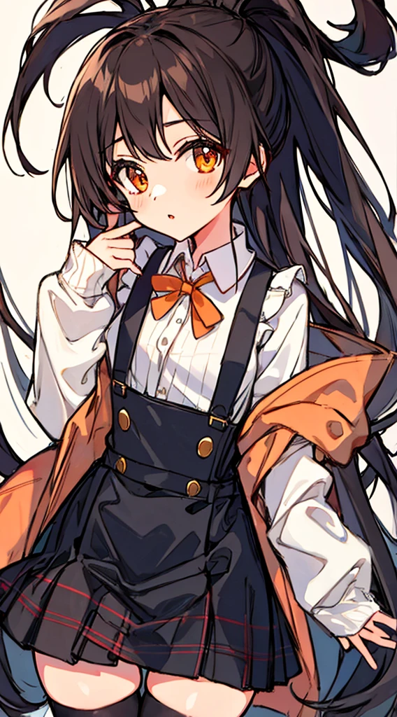highres Hori Kyouko, 1 girl, black skirt, cardigan, black tights, brown hair, pinafore dress, collared dress, one-piece dress, striped cardigan, hime hair, long hair, long sleeves, looking at viewer, orange eyes, princess dress, skirt, solo, Thigh high stockings, plaid dress, apron style dress, flat chest, cute erotica, Hori Kyouko, a girl with brown hair, wears a black skirt and black stockings. She wears a one-piece dress with a collar and long sleeves, and her hair is styled in the hime style, typical of a princess. With orange eyes fixed on the viewer, her plaid dress and thigh-high stockings complement her cute and erotic appearance masterpiece, best quality, highres, absurdres, ((Composition seen up close))、Top image quality、Top resolution、masterpiece