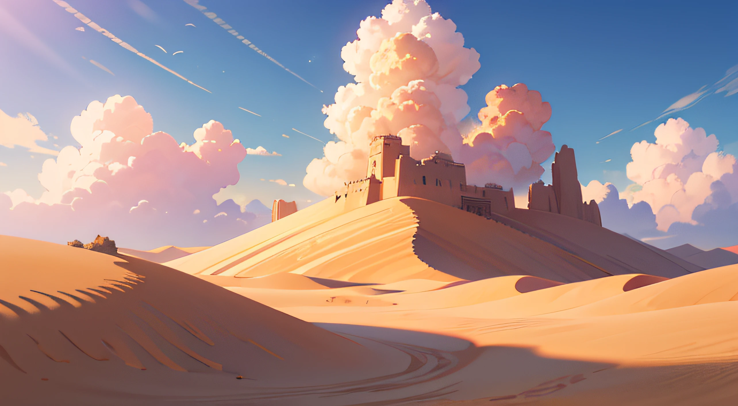 (illustrations : 1.0), photorealistic lighting, HD detail, 夏天, desert, sand, daytime, clouds, overcast, 12pm