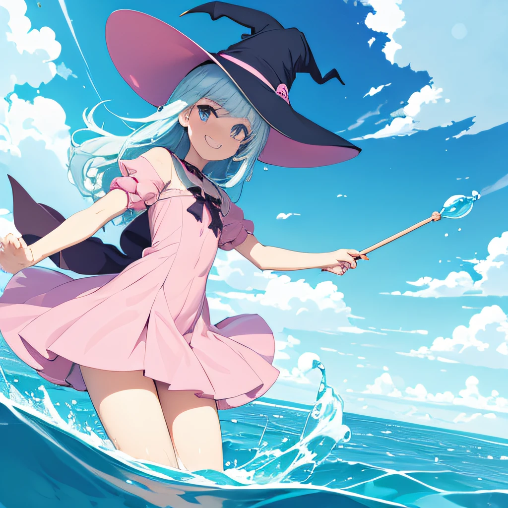 (masutepiece, Best Quality), 超A high resolution,Flat color, 1 girl , Witch Girl, Smile, pastel color , floating pastel colored water, Dynamic