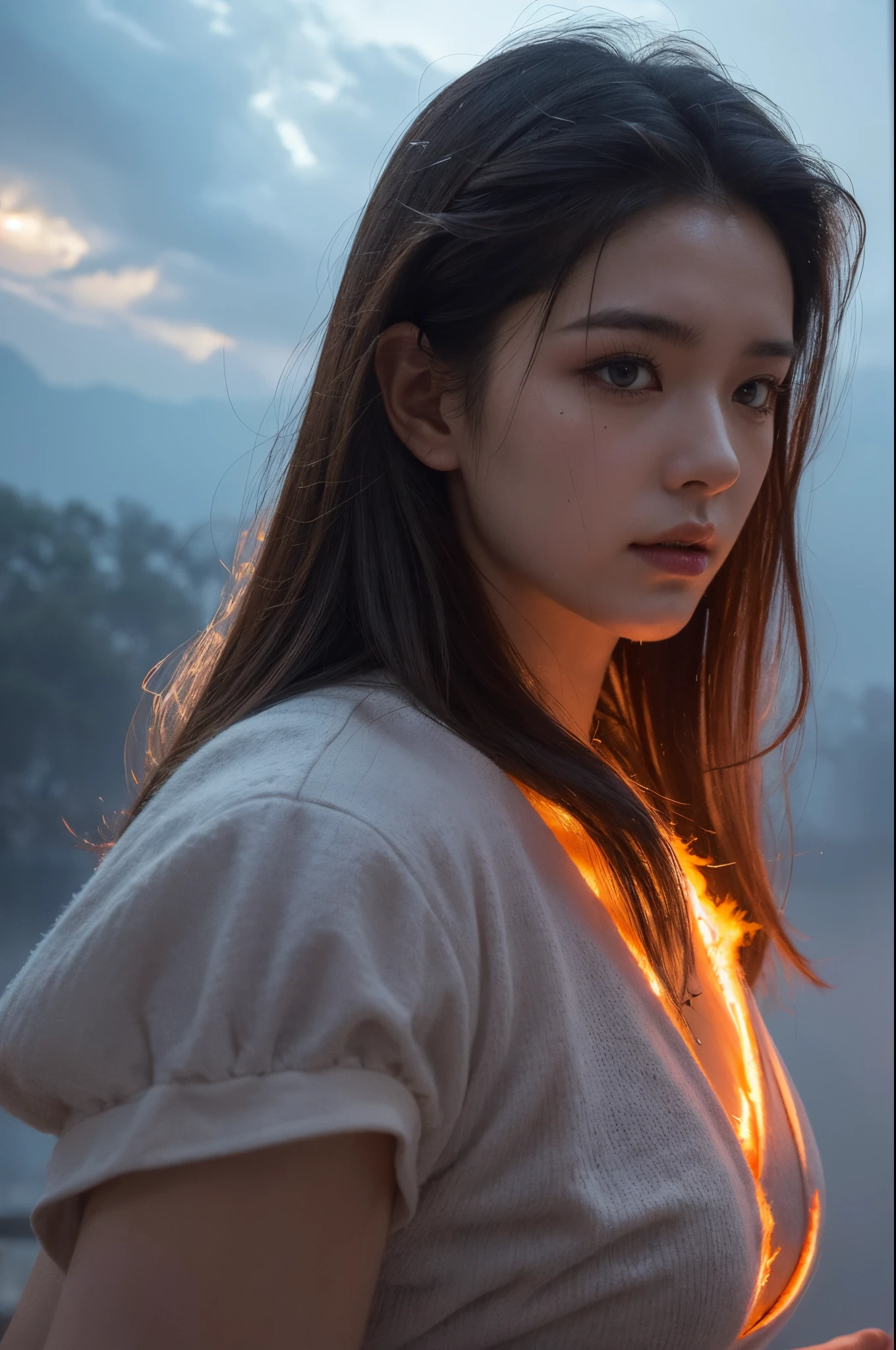 Beautiful priestess face and body made of ash clouds and burning rain clouds, Mark Mann (Mark Mann) Great for thermal photography, ample, albrecht durer, ample, soft wet color, intricately details, fiery, smokes, The beautiful, Cloudy, Fluffy, static charge, sacrum portrait, Artistic masterpieces from leaders in real-time engineering