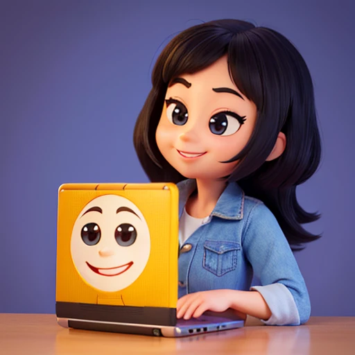 cute woman, I'm not very long.,Round face,s big eyes,smile,holding a computer,Bright background, emoji pack, 16 Emoticons, Anthropomorphic style, disney style, Black strokes, 10,--Nichi 5,Disney Pixar