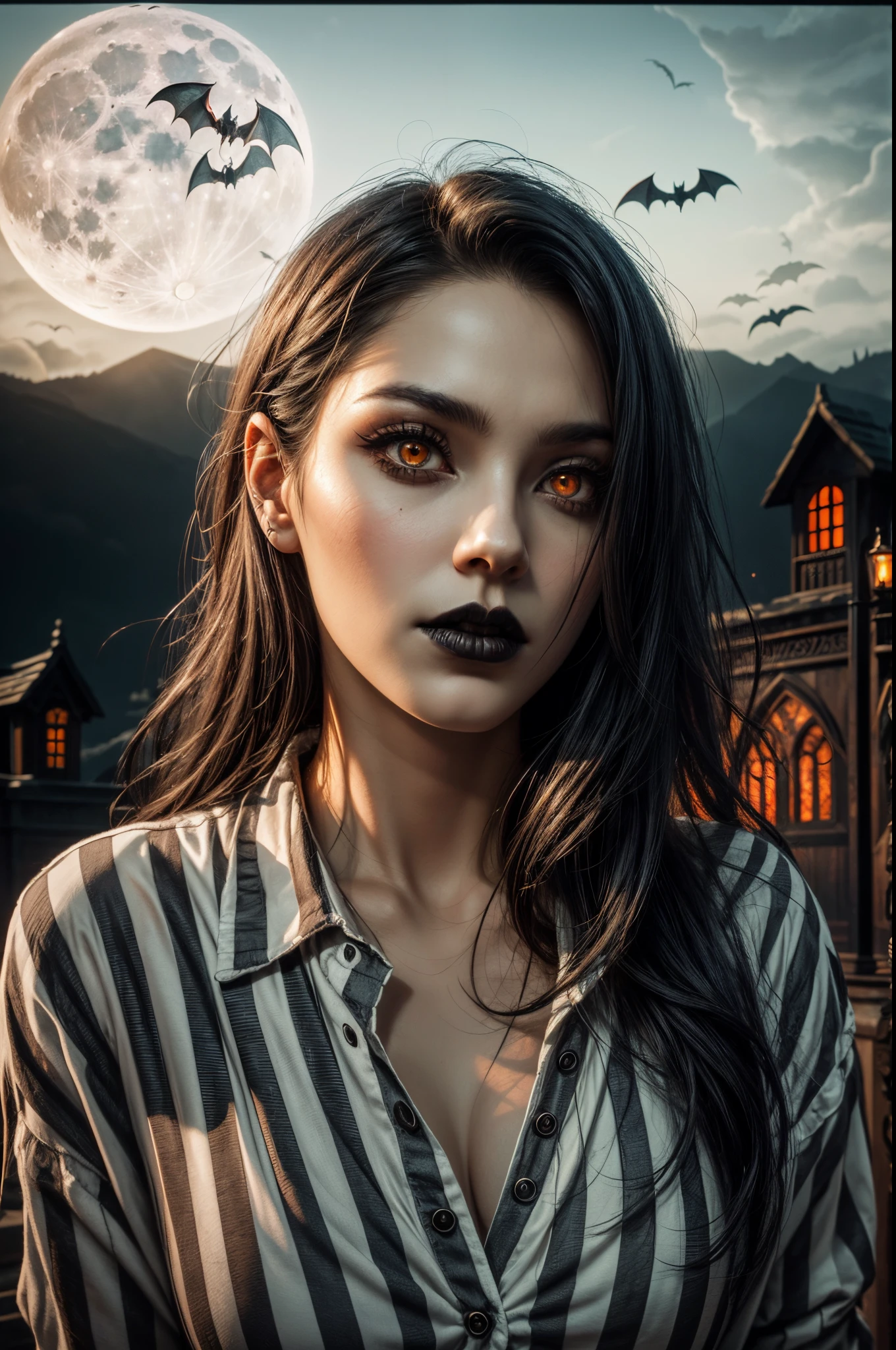 arafed woman with long hair and a striped shirt looking at the camera,(masterpiece),(vampire),(unrivalled quality:1.4), ultra-high resolution,hyperrealistic, dark fantasy portrait, (sharp focus:1.1), photo of a vampire,gothic horror vibes, Guweiz-style art, dark fantasy mixed with realism, gothic aesthetic, gothic art style,HalloweenGlowStyle,red eyes,black lips,bats, gothic architectural style, full moon, moonlight,clean face