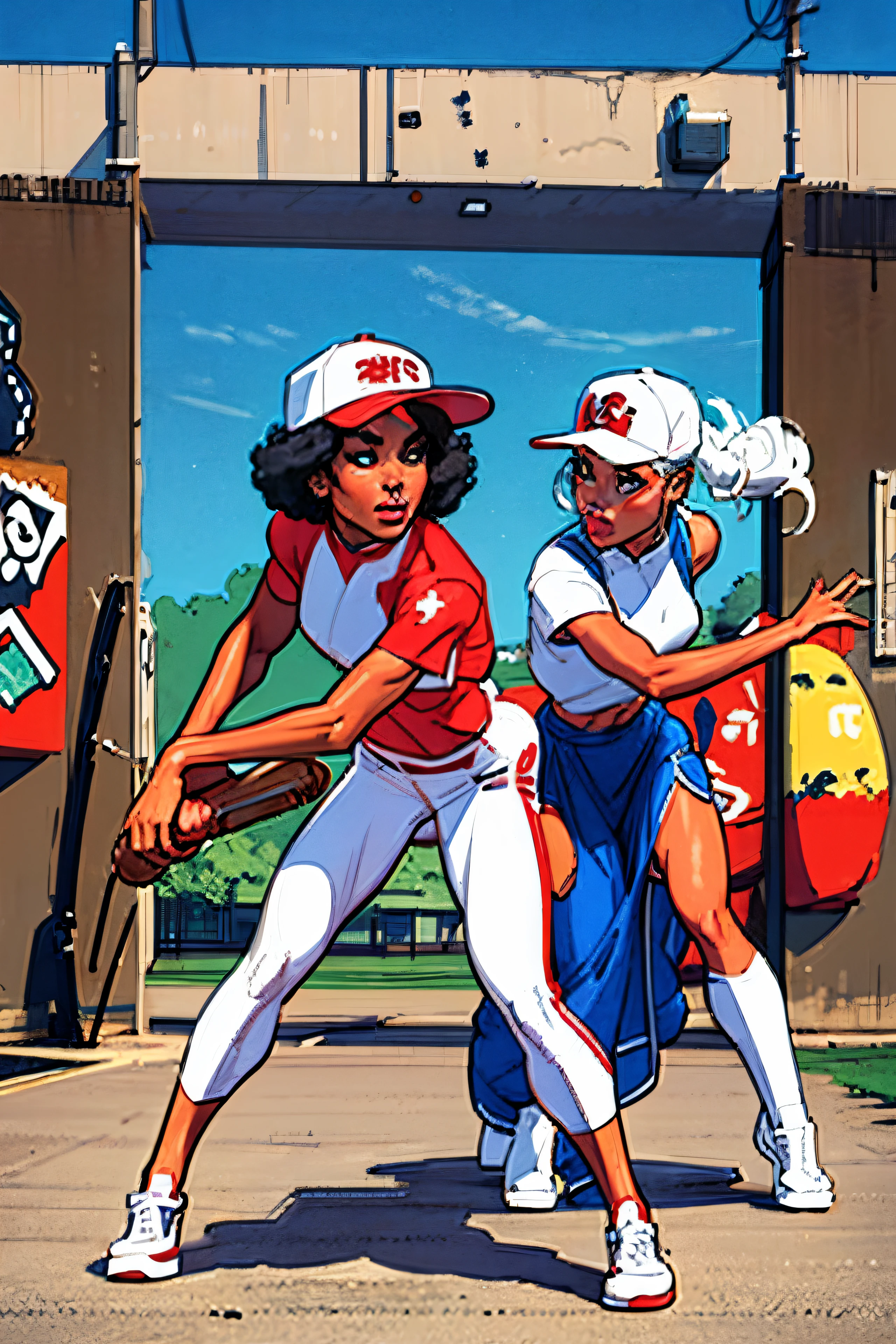 illustration of eight cartoon characters, mixed ethnicity, (afro American, Chinese, white, Indian,) group landscape picture, boys, girls, wearing different primary coloured baseball caps, futuristic clothing , face only, graffiti on wall in background.