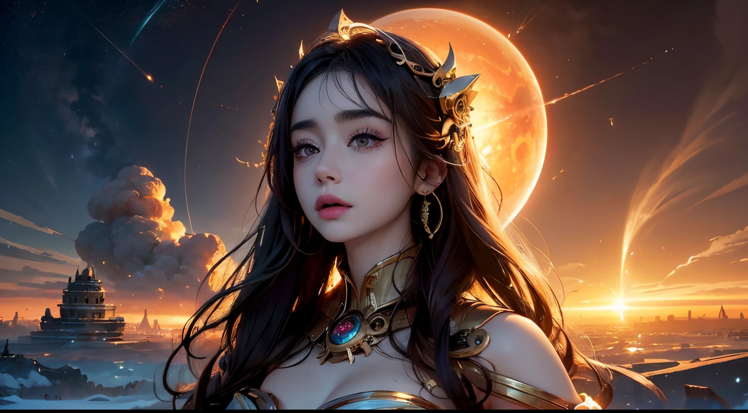 20 years old pretty female as a goddess of the universe, very long hair, in the space, nebula dust, starlight, milky way, masterpiece, hyper realistic, 8k, bokeh, cinematic, fireluminesence, lumineer, bioluminensence, surrounding with fog, synapticlightning,