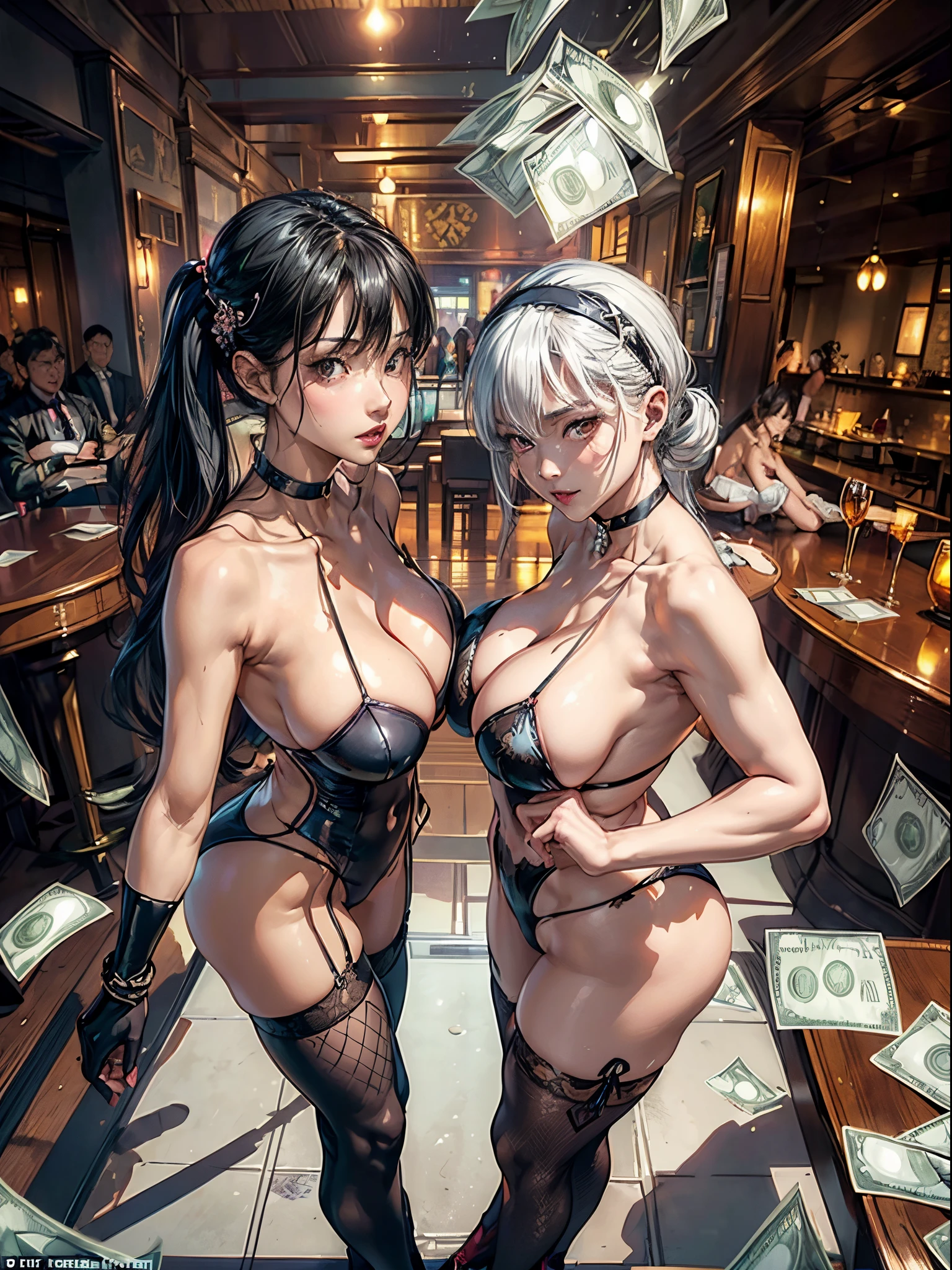 (((2 women posing together, arms around each other, centered in frame, playboy bunnysuit, smiling, looking at the viewer, holding dollars))) (2 women, full body, (Yor Forger) and (saeP5), 1 with (black hair) and 1 with (white hair)), (both women, black bunny suit, bunny ears headband, fishnet stockings), 8K, top less, (legs spread apart), black lingerie, translucent lingerie, (1 woman SaeP5, white hair, side parted hair, long hair, black stockings, black choker), (1 woman, Yor Forger, spy x family, black hair, black stockings, black choker, Yor, 1girl in, Solo, Looking at Viewer, blushing, Black hair, Red Eyes, Jewelry, 鎖骨, side locks, white hairband with gold roses, earrings, short hair, hair tied up, ) (moody background, dark,  strip_club_venue, (covered in dollar bills:1.5), watched by a crowd of men wearing suits, in a strip_club_venue, a bar with a lot of lights and a lot of chairs,), ((Realism：1.5)), Venus Body, (true to life：1.2), best quality,tmasterpiece：1.2, high detail, realistic skin, (full body shot shot：1.1), rendering by octane, Extremely detailed CG, Unity 8k wallpaper, She has massive breasts, Big ass full breasts, , ((huge tit：2.5)), ((gigantic cleavage breasts：2.5)), erect nipples, Has huge sagging breasts, Breasts enlarged, Overflowing breasts, Camel hooves, (Garter stockings), wet tongue, drooling, detailed saliva, vibrant colors, realistic lighting, high heels, full body shot, Forward-facing, spreading their legs, Raised hands, hyper realistic detailed, Giant Breast Girl, (being thin：1.3), detailed background, (sobu：1.1), best quality, realistic, physically-based rendering, moisture running down the body, glistening skin, sweating, beads of sweat, breasts prominent