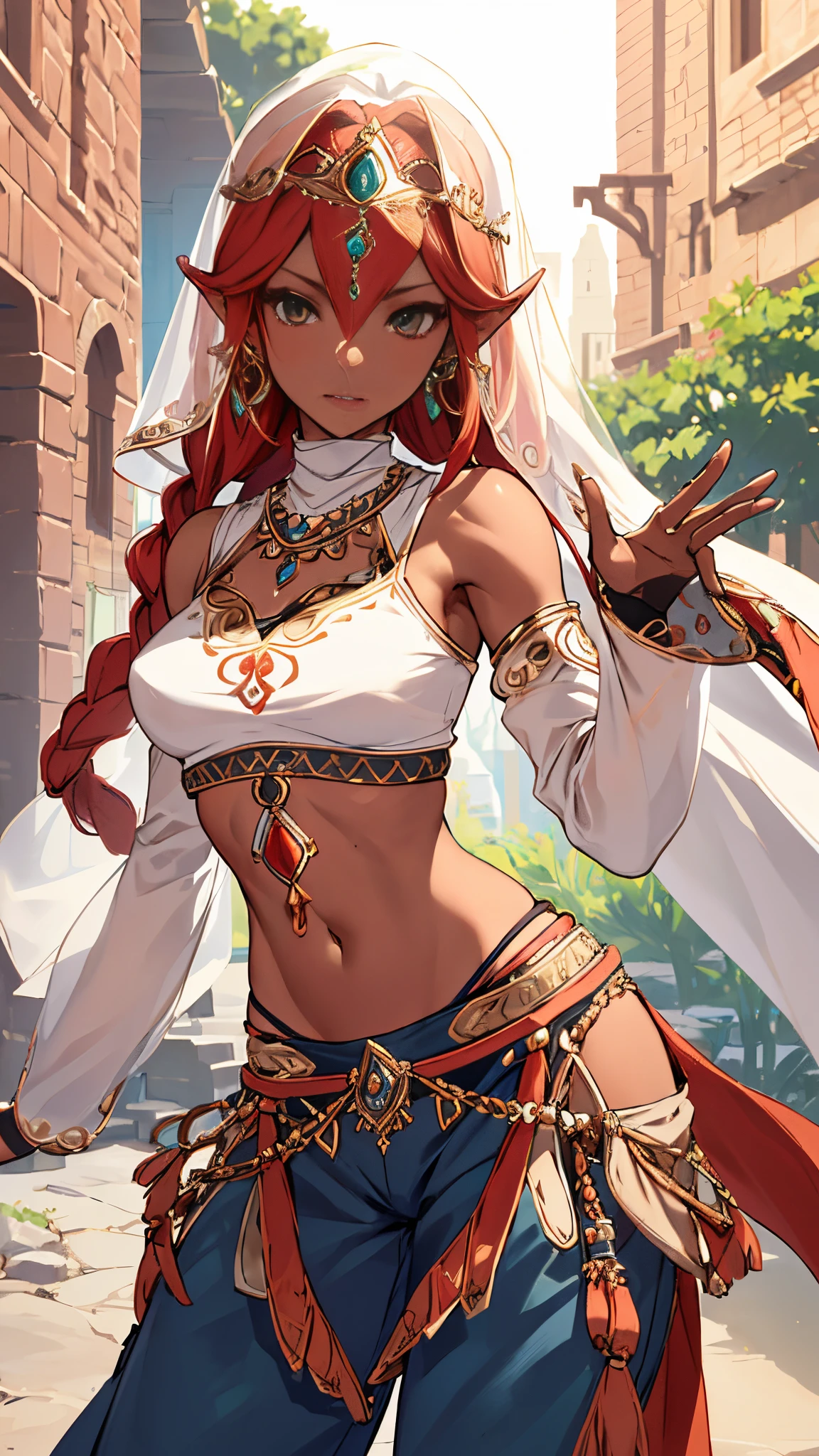 linked, Gerudo set,croptop ,Detached sleeves,Harlem pants, Mouth veil,veils , ,Navel,Looking at Viewer,Bright,masterpiece of the wind, High quality,