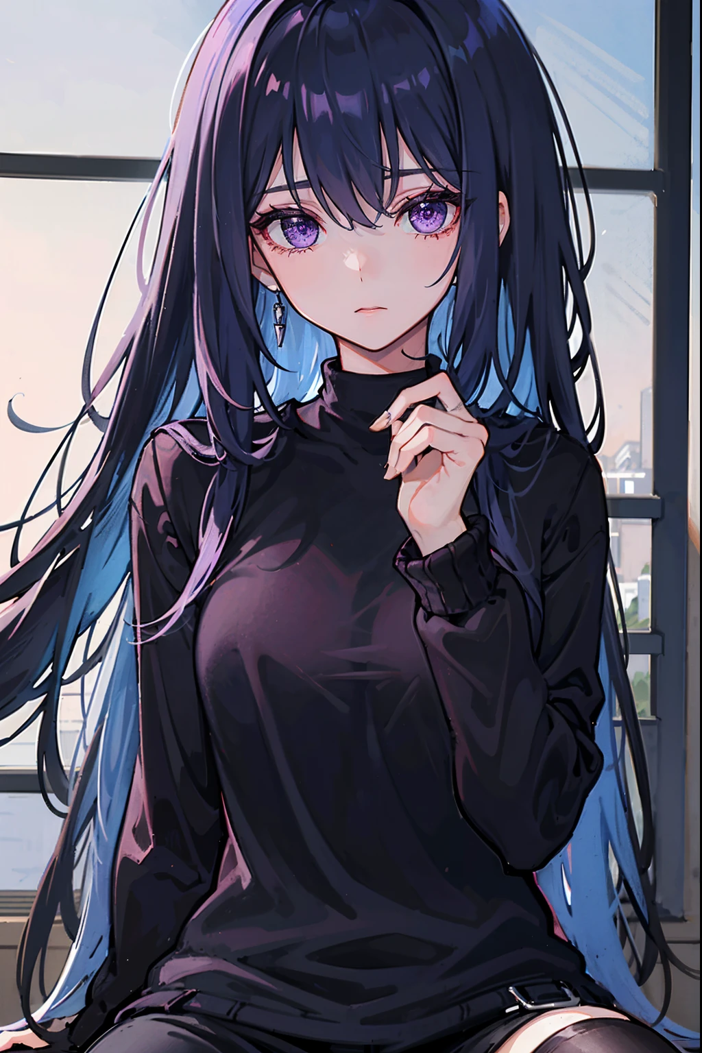 A gothic girl sits alone in a dimly lit bedroom, her melancholic expression accentuated by the somber atmosphere. She wears a cozy sweater with a hoodie that partially obscures her face, and her attire consists of black soggy pants that amplify the air of desolation. Long strands of black hair cascade over one of her purple eyes, adding an element of mystery to her appearance.