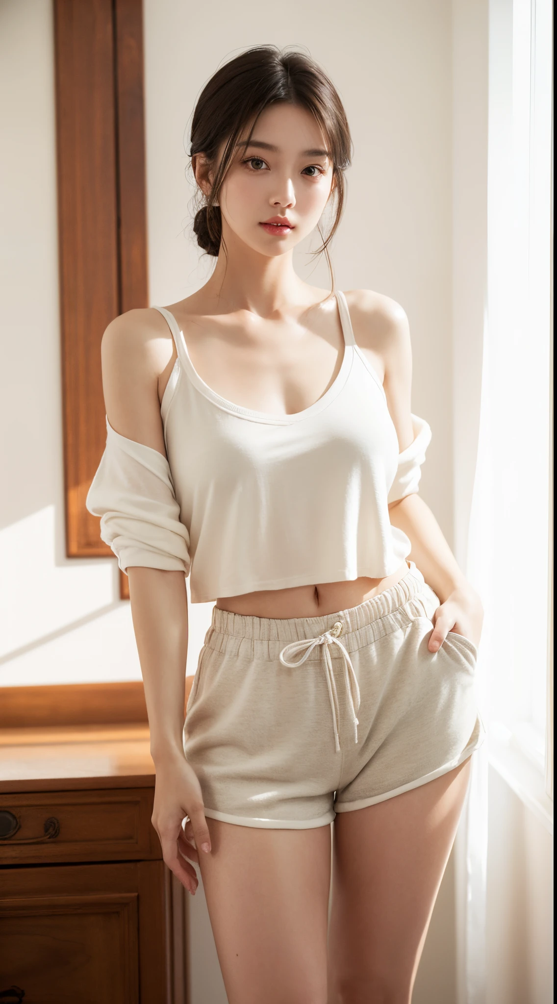 Graceful woman donned in a stylish body and shorts, bathed in soft lighting that delicately accentuates her features. Her posture exudes a captivating blend of poise and casual charm. Keywords: graceful, stylish, body, shorts, soft lighting, casual charm, poised, allure, radiant, elegance, chic, portrait, fashionable.