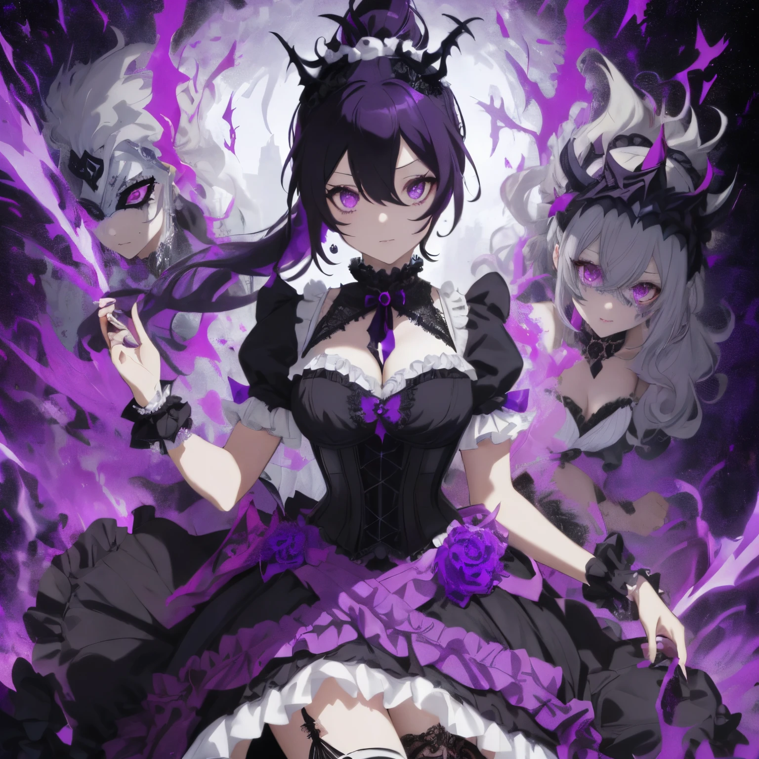 ((Hair that is a mixture of black and dark purple)),(ponytail tied at the side),((A white mask like the one worn in masquerades)),((Dress with plenty of black and purple frills)),(flared sleeves),((corsets)),((The hem of the dress is long enough to reach the ground.)),(A chaotic worldview with a mixture of black, red, and purple),(Tartarus),(Hellish world),((Abyss)),