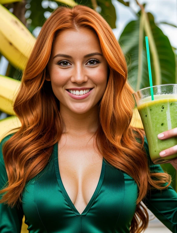 Realistic portrayal:1.2, photorealistic, 4k, Sam from Totally Spies! long slightly wavy orange hair,,emerald green eyes and fair skin; smiling,dressed drinking a banana guava smoothie, wide-angle shot, high-angle shot