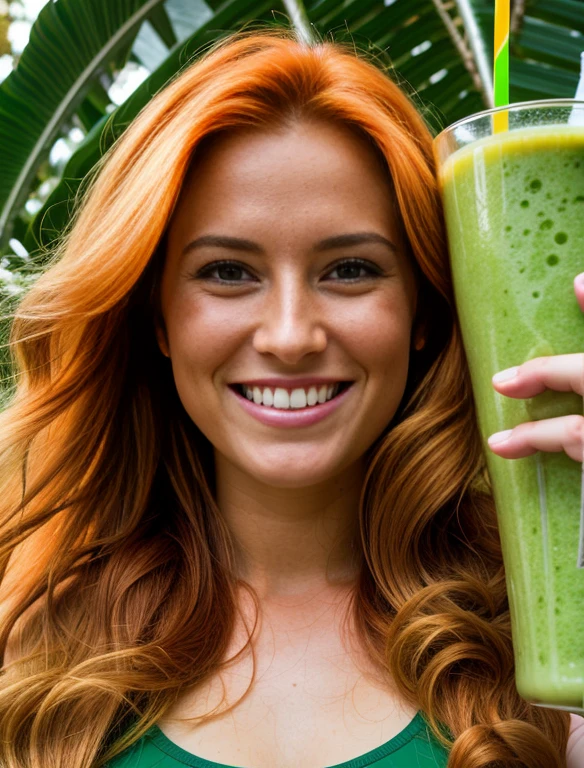 Realistic portrayal:1.2, photorealistic, 4k, Sam from Totally Spies! long slightly wavy orange hair,,emerald green eyes and fair skin; smiling,dressed drinking a banana guava smoothie, wide-angle shot, high-angle shot