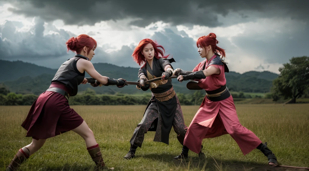 (((Three girls duel))) A red hair female samurai, fighting with her sword against a short black hair female Ninja, and a pink hair Chinese girl is fighting with both girls too, they are all fighting against each other in this Ancient Asian battlefield, dark clouds, a heavy rain falling during the battlein the late afternoon. 4k, unreal engine, cinematic, high quality image