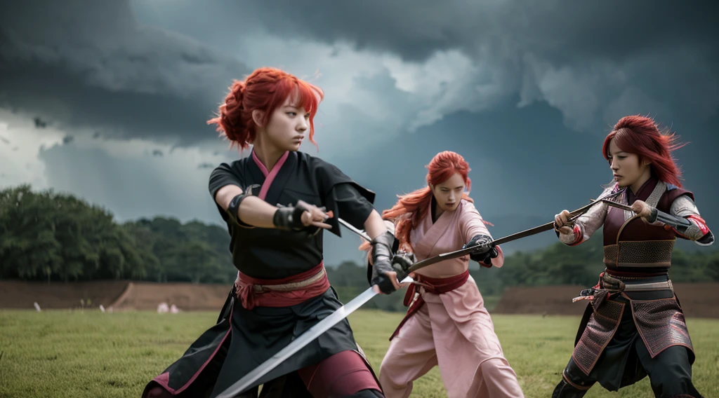 (((Three girls duel))) A red hair female samurai, fighting with her sword against a short black hair female Ninja, and a pink hair Chinese girl is fighting with both girls too, they are all fighting against each other in this Ancient Asian battlefield, dark clouds, a heavy rain falling during the battlein the late afternoon. 4k, unreal engine, cinematic, high quality image