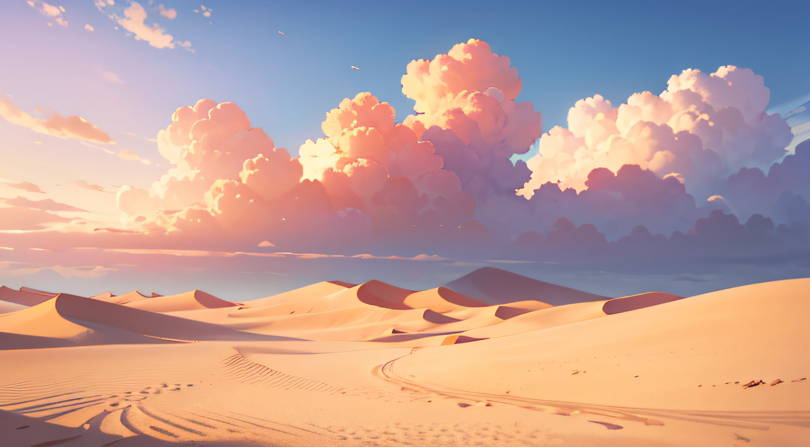 Summer, desert, pink clouds, a land overgrown with roses, James Gurney, art station rendering, ultra-wide lens, high definition