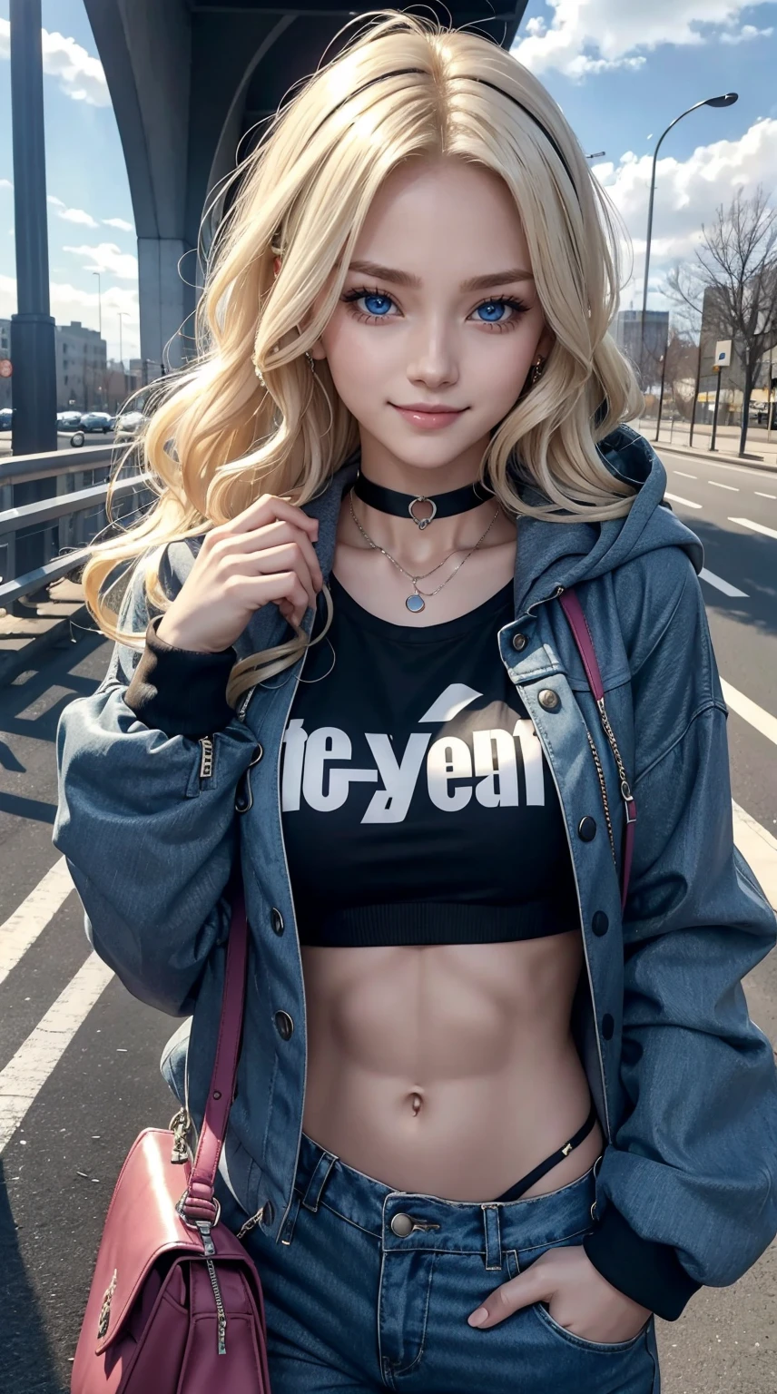 25-year-old Caucasian woman、platinum-blonde、blue eyess、Semi-long、My hair is wavy、accessories on the wrist、wearing a choker、My abs are cracked、I can see the belly button、slim muscular body、I don't want my head to disappear from the screen.、I'm under the overpass in the city、Wearing super crop tops、wearing a jacket with a hood、I'm wearing Rollers pants、holding a smartphone and looking at it、a smile、carrying a handbag over the shoulder
