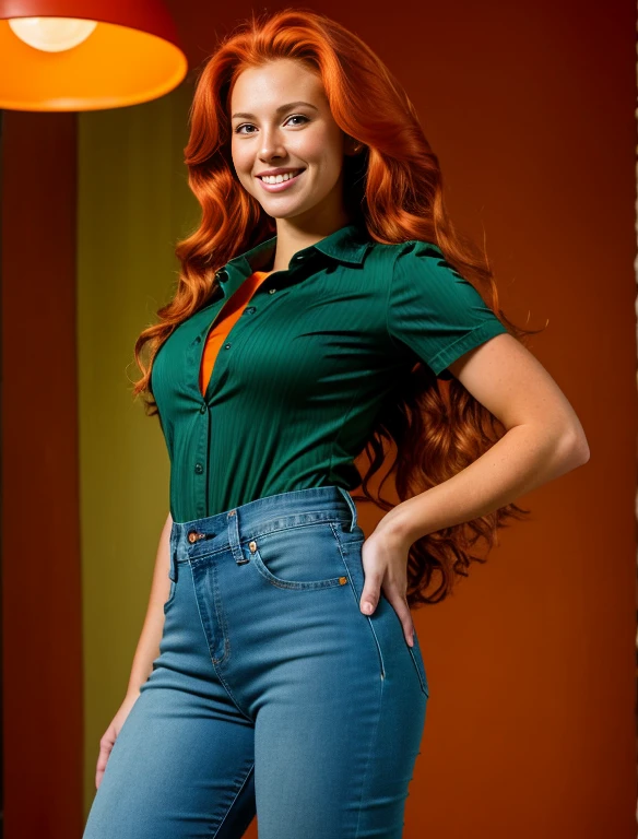 Realistic portrayal:1.2, photorealistic, 8k, Sam from Totally Spies! long slightly wavy orange hair, emerald green eyes and fair skin; smiling,wearing a full body denim outfit. , wide-angle shot, high-angle shot