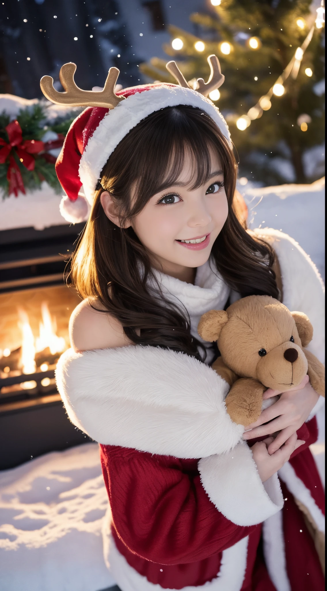 (Best Quality,4K,hight resolution,masutepiece:1.2),Realistic,Christmas,girl (28 year old),Hugging a big teddy bear,stuffed animal,Wear warm clothes,Snow falling in the background,Winter wonderland,Joyful expression,Magical atmosphere,Soft lighting,Vivid colors,Happiness,laught,Welcoming environment,Warmth,Smiling eyes,Curly hair,Shimmering decoration,Twinkling lights,toy train set,wrapped present,Rooftop with Santa Claus and reindeer flying in the distance,magic snowflake,christmas tree with ornaments,log cabin,curl up near the fireplace,hot chocolate with marshmallows,Peace and quiet,Excitement and anticipation,Snowy landscape,childhood innocence,Enchanted moments,Playful laughter,Upholstered stockings,Holiday spirit,love and togetherness.thighs thighs thighs thighs、off shoulders