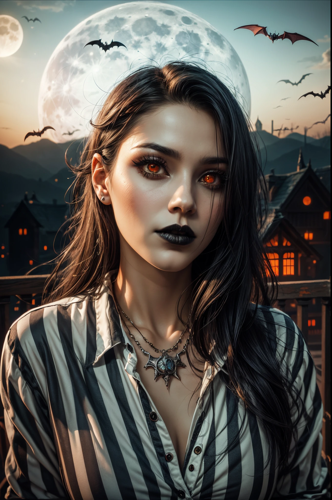 arafed woman with long hair and a striped shirt looking at the camera,(masterpiece),(vampire),(unrivalled quality:1.4), ultra-high resolution,hyperrealistic, dark fantasy portrait, (sharp focus:1.1), photo of a vampire,gothic horror vibes, Guweiz-style art, dark fantasy mixed with realism, gothic aesthetic, gothic art style,HalloweenGlowStyle,red eyes,black lips,bats, gothic architectural style, full moon, moonlight,clean face