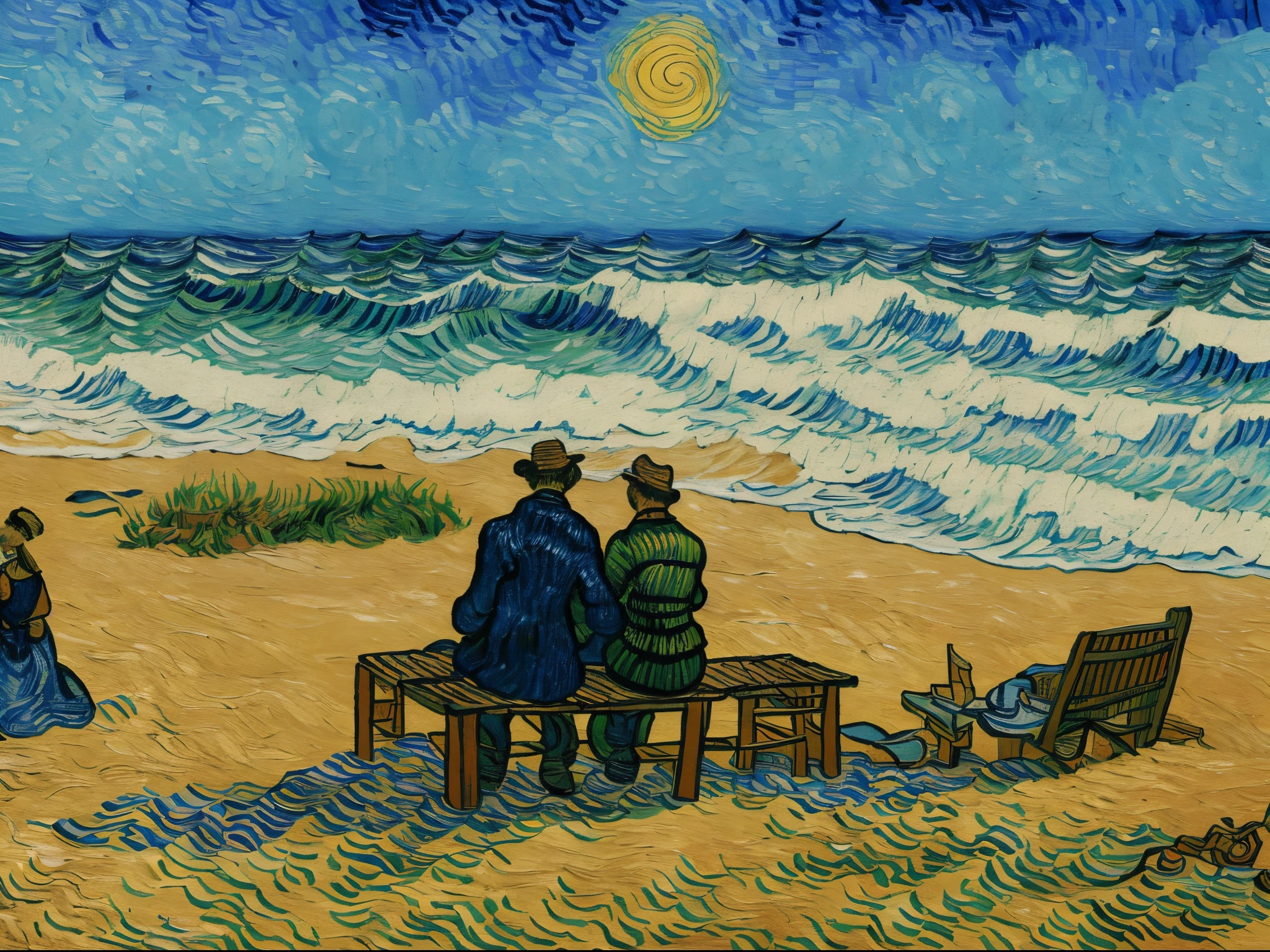 van gogh style painting, Beach with waves and sun,Twinkling light,lovers sitting