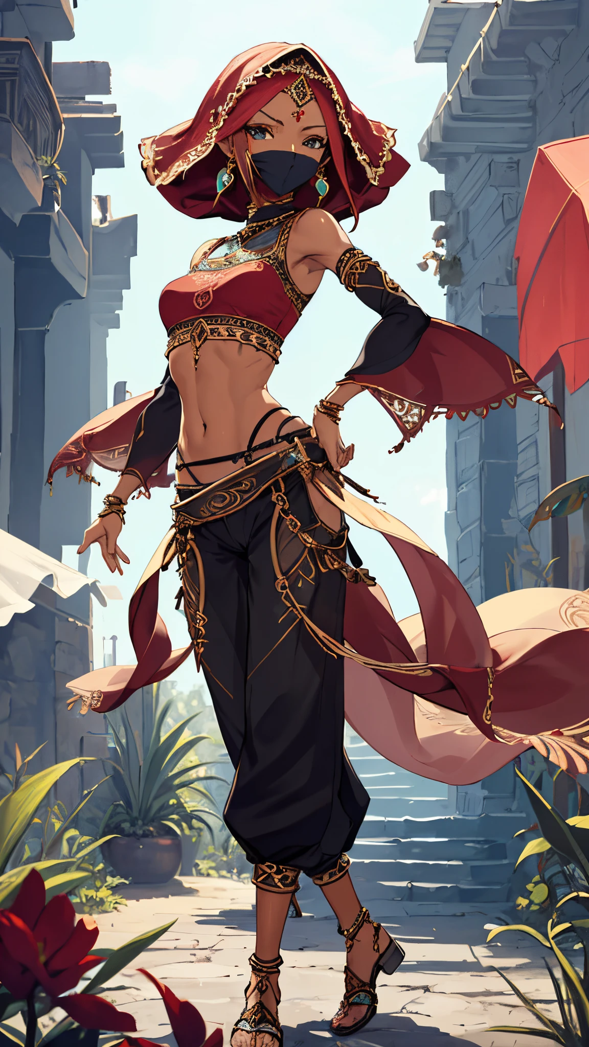 linked, Gerudo set,croptop ,Detached sleeves,Harlem pants, Mouth veil,veils , ,Navel,Looking at Viewer,Bright,masterpiece of the wind, High quality,