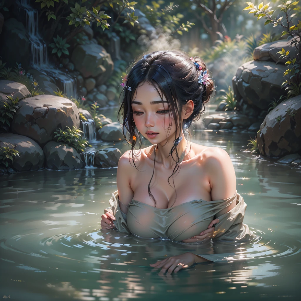 natta，The air is filled with the heat of natural hot springs，One is plump、Beautiful woman sitting in hot spring，Enjoy the comfort brought by hot springs。Her body is surrounded by warm water，The yukata hangs loosely on the body，Half a shoulder exposed。Her skin is reflected by the steam from the hot springs，appear more attractive。

A woman is&#39;Breasts look fuller in the water，Fair skin and hot spring water complement each other perfectly，appear more attractive。Her face flushed，Gently close your eyes，hori&#39;Just like you&#39;Enjoy this wonderful time。Long eyelashes flutter gently，Gives people a feeling of calmness and vitality。

natta，Rocks and vegetation next to the hot springs are illuminated by lights，Presenting a mysterious and romantic atmosphere。The woman in the water seems to blend into the scenery，make up a beautiful picture。The steaming hot spring water flows slowly，accompanied by female laughter，Bring endless warmth and beauty to this night。

On this peaceful night，The female figure complements the hot spring scenery，Let people be intoxicated in this poetic and picturesque realm。With the gentle ripples of hot spring water，This moment seems to be frozen forever，become an unforgettable sight。