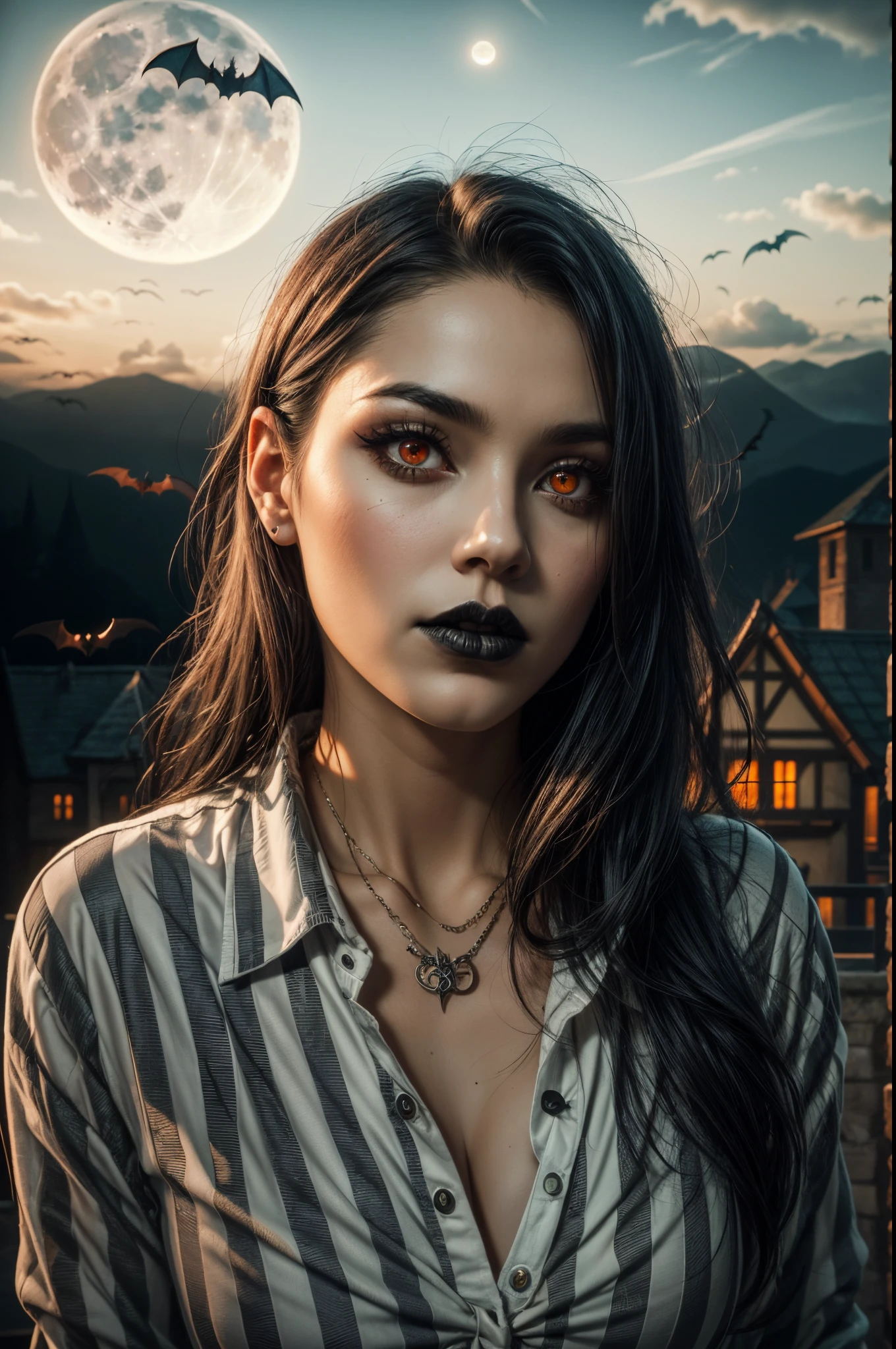 arafed woman with long hair and a striped shirt looking at the camera,(masterpiece),(vampire),(unrivalled quality:1.4), ultra-high resolution,hyperrealistic, dark fantasy portrait, (sharp focus:1.1), photo of a vampire,gothic horror vibes, Guweiz-style art, dark fantasy mixed with realism, gothic aesthetic, gothic art style,HalloweenGlowStyle,red eyes,black lips,bats, gothic architectural style, full moon, moonlight,clean face