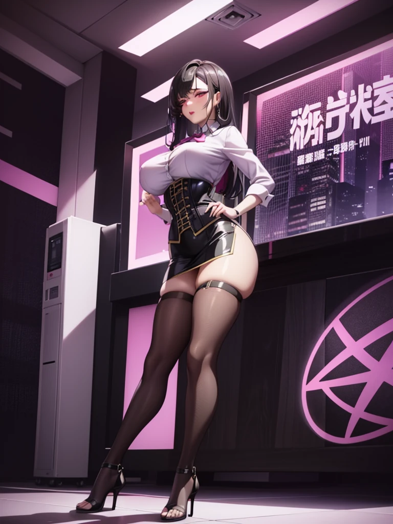 sexy, ensaio sensual, realistic, full body, solo, 1girl, mature female, dark skinned female, (gyaru, goth, bimbo), huge chest, long legs, huge thighs, huge calves, mature female, flat belly, abs, (colored skin, dark skin), tiny waist, narrow waist, white hair, glowing eyes, huge hips, thick lips, lipstick, longeyelashes, black hair, thin toned body, pink hair bow, (steampunk corset. translucent cyberpunk hobble long pencil skirt), gotou airi, 1960s, detailed face, detailed body, biopunk luminescent eyes, glass platform heels