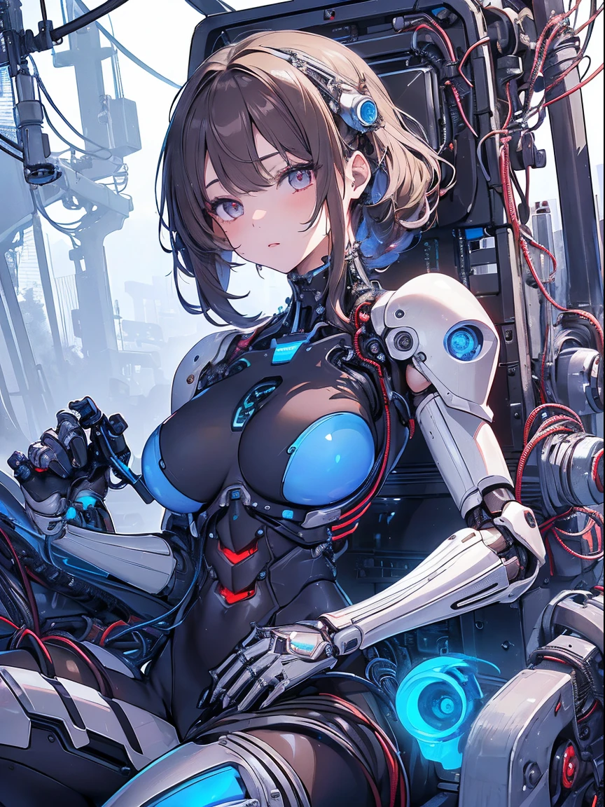 nsfw, (((​masterpiece)))、(((top-quality)))、((ultra-definition))、(Highly detailed CG illustrations)、((extremely delicate and beautiful))、(Delicate and Pretty Face)、ciinematic light、((1 Mechanical Girl))、独奏、full body Esbian、(Highest quality illustrations:1.2), (Kawaii Girl:1.1), (1girl in, 独奏:1.5), (1girl in、18year old、beutiful breast:1.5、ultradetailed eyes:1.2)、(Beautiful breasts:1.1)、cyborgs、Machine body、front facing、White Cybersuit、tight fitted、A dark-haired、Brown hair、silber hair、a blond、Blue-haired、blue eyess、Brown-eyed、red eyes、(Mechanical joint:1.4)、((Limbs of the machine))、(blood vessels connected to tubes)、((Vertebrae of a machine attached to the back))、((Mechanical cervical spine)Attached to the neck))、((Sitting on a chair on a machine))、deadpan、(Wires and cables attached to the head and body:1.5)、(charactor focus)、nffsw、Under maintenance、Touching the whole body with a mechanical arm