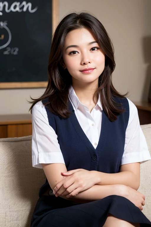 Best Quality, Face Focus, Soft light, 超A high resolution, (Photorealistic:1.4), Raw photo,
1日本人の女の子, Solo, Cute, (Shy smile:0.5), (Brown eyes, Light in the eyes), Detailed beautiful face, (Small chest),(High-resolution details of human skin texture),
(Long hair),
Sit on the black sofa,
School uniform, Pink Vest, Skirt