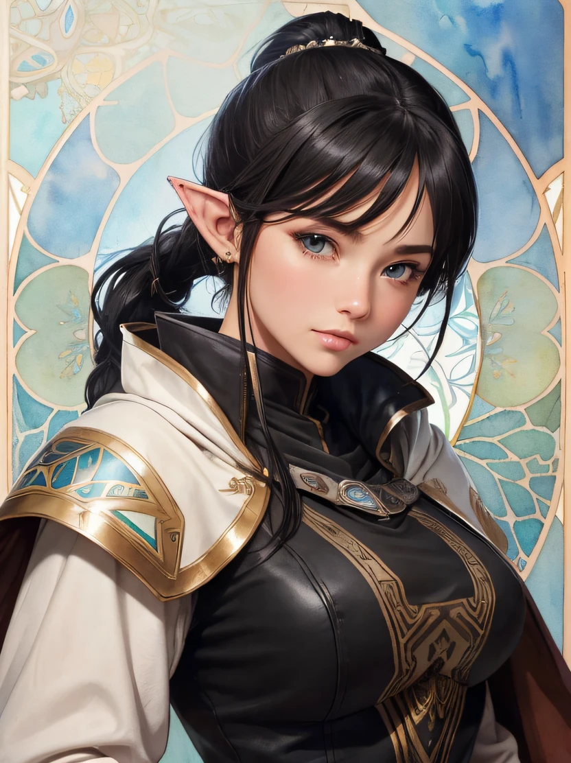 ((hight resolution、top-quality、super detailing、best picture、watercolor paiting、thick outlines、mats、by mucha))、flowing lines、cowboy shot、Stunning portrait of a beautiful woman、1 female、((elvish、glistning skin、Black haired beauty、Hairstyle Ponytail))、Slender figure、Hairstyle Ponytail、Blue eyes、Sharp eyes、hyperdetailed face、A detailed eye、Detailed hand depiction、Milky-white knight armor and long-sleeved leather tunic、Black cloak、Black leather gloves