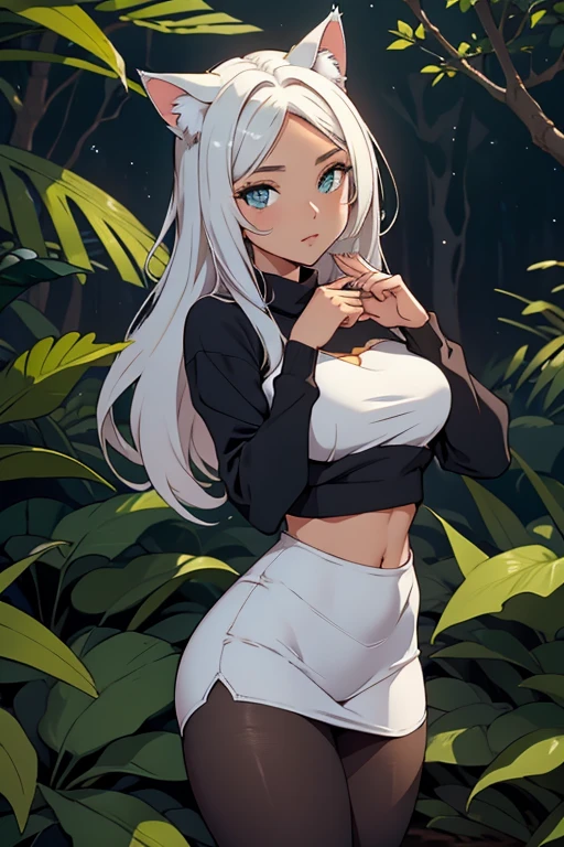 cat ears on the head of a beautiful young woman making meow with her hands , usando maio curto, usando meias preta longas e sueter branco apertado,corpo inteiro na foto,floresta a noite varias luzes,belas coxas, coxas lindas belhos olhos verdes detalhados., sueter branco apertado,maio apertado , tight pantyhose, mini saia , ceu limpo a noite com estrelas numafloresta a noite,short curto linda jovem.