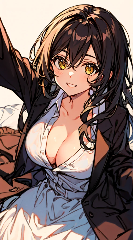 full_body, perfect_anatomy, hands_perfect, beautiful_skin_x4, dynamic_lighting, shadow_blurringx4, perfect_hands, fine_fingers, erotically_cute, masterpiece, looking at viewer, reaching towards viewer, carry me, from above, lying down, on your back, raising your arms,, bed、Top image quality、Top resolution、masterpiece, high resolution, cute, best quality, highres, absurdres, absurdres highres 1girl alternate_costume breasts brown_cardigan brown_hair cardigan cleavage hair_between_eyes looking_at_viewer medium multicolored_hair playing_with_own_hair selfie shirt long_hair solo streaked_hair white_background white_shirt yellow_eyes lying, smile_cute,