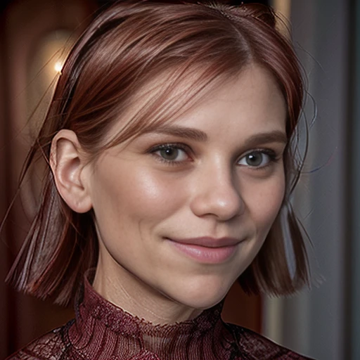 Masterpiece (Claire danes:1.5) (dark red hair with bangs), (bulbous nose:1.5) (large mouth), (wide smile), (Closed lips:1.5), (Claire Danes), sexy, (full lips),  (Claire Danes), legs, (wide smile) (50 years old:1.6) (realistic) (natural skin) (textures!, Hair!,  Color!, imperfections:1.1), busty, red socks