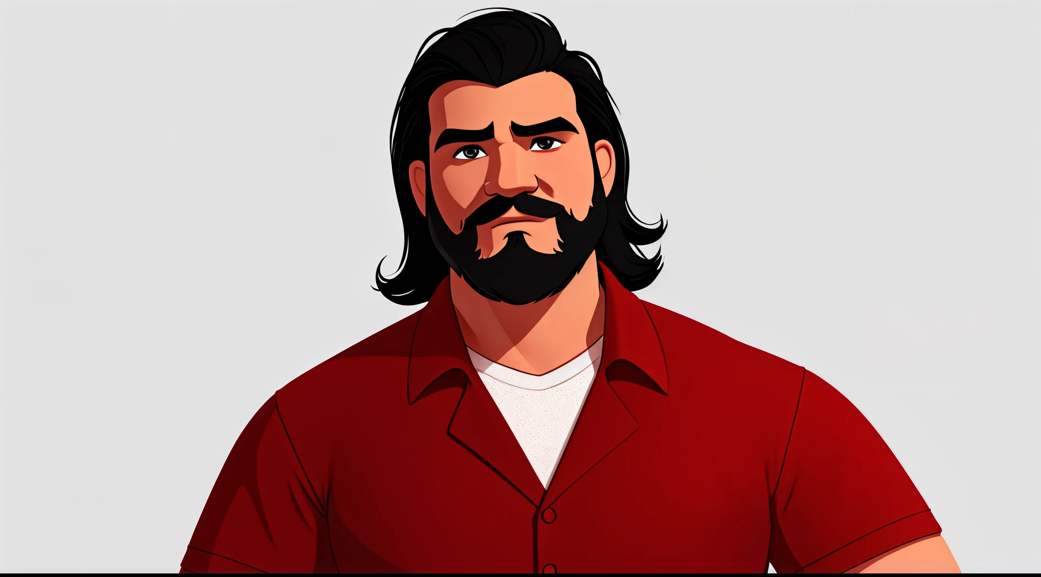 1 Man solo, solo.he has a short black beard and he has black flowing hair. Wearing red. White background