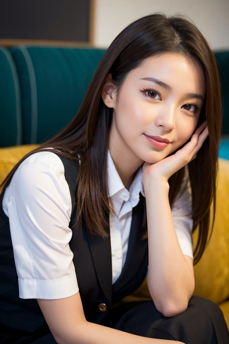 Best Quality, Face Focus, Soft light, 超A high resolution, (Photorealistic:1.4), Raw photo,
1日本人の女の子, Solo, Cute, (Shy smile:0.5), (Brown eyes, Light in the eyes), Detailed beautiful face, (Small chest),(High-resolution details of human skin texture),
(Long hair),
Sit on the black sofa,
School uniform, Pink Vest, Skirt