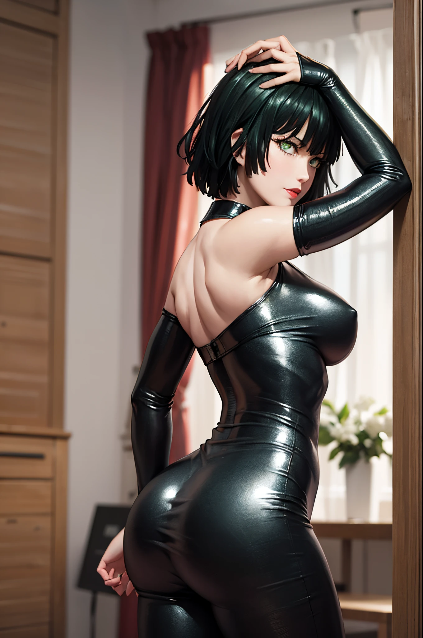 1girl,solo,(Fubuki\(Un Punch Man)\), ASS, from behind, (from bottom: 1.3), dominatrix, tight clothing greenish black, short hair, greenish black hair, green eyes, green leather, living room, wooden furniture, seductive, smiling, closed mouth, makeup, light pink lipstick, anime, individual focus, (point of view), detailed face, complex skin, nightgown, side head view, arrogant, disgust, warm light, large breasts, wide waist, wide hips, wide thighs, round butt