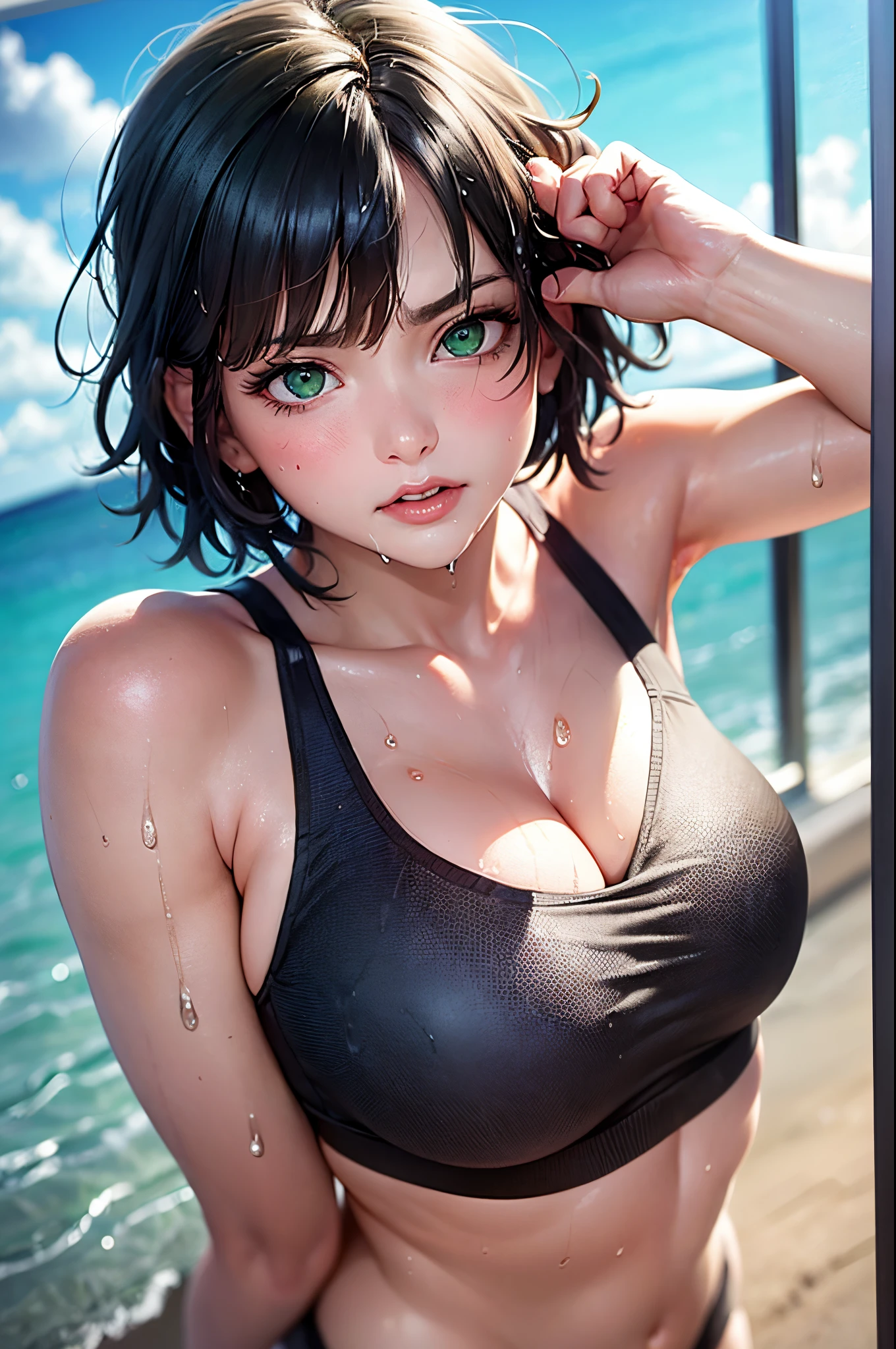 masterpiece, photo of fubuki, black hair, green eyes, short hair, with large breasts and a huge ass and wearing a sports bra on a beach with sunny weather, (wet skin and hair:1.5), (light skin), (sweating) ,(beautiful scenery),(perfect face), masterpiece, blush, 1girl, solo, smooth anime cg art, sexy pose, disgruntled expression