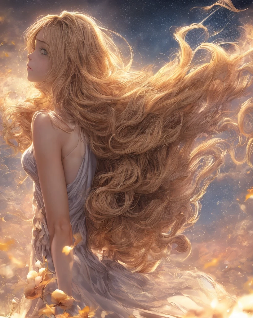 (best quality, masterpiece), young woman, pose, particle, wind, flower, upper body, simple background, looking at viewer, long curly windblown blonde hair, galaxy,backlit,rimlight,beautiful artwork,perfect composition