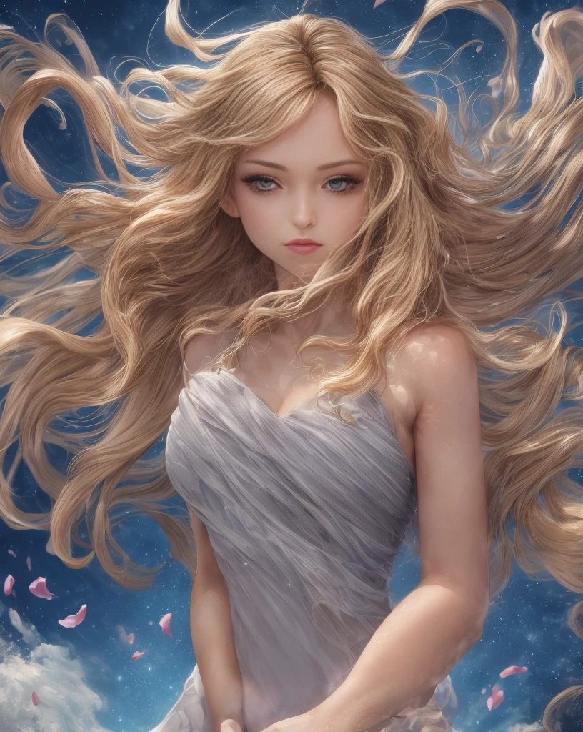 (best quality, masterpiece), young woman, pose, particle, wind, flower, upper body, simple background, looking at viewer, long curly windblown blonde hair, galaxy,backlit,rimlight,beautiful artwork,perfect composition