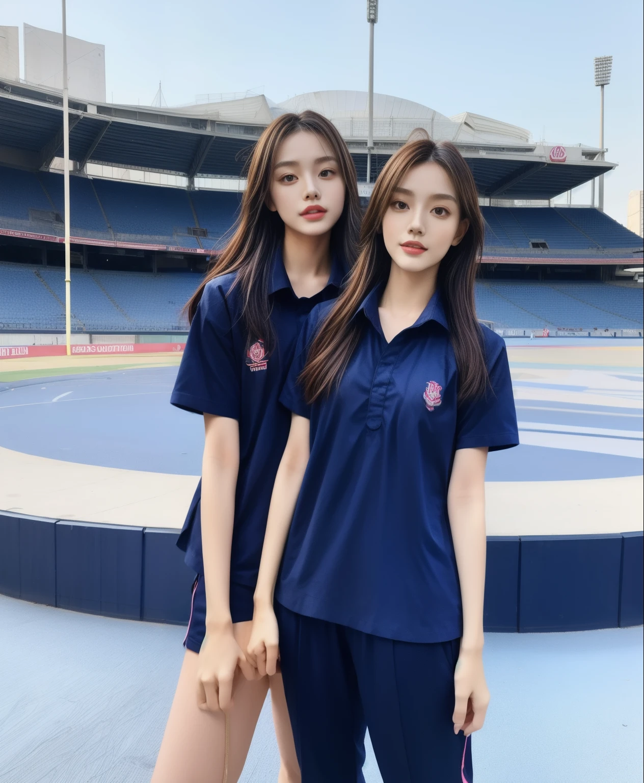 (bestquality,10,10,highres,masterpiece:1.2),ultra-detail,(Realistic,photorealistic portrait,photo-realistic:1.37),1 Cute girl in the football field,oily shiny skin,bara,light smile,BDclothes,((blue shirt:1.3)),short sleeves,shirt, trousers.,(navy_long_Pants Track:1.1), ((Stadium Background:1.3)),dynamic angle,excited,face focus,Dynamic Poses,from behide,Ass Focus,masterpiece, bestquality, ultra realistic, hyper-detail, 8k resolution, RAW photo, crisp focus, ((Navy blue shirt:1.1)), short sleeves, Long Path, Perfect body, 2 mature women, 18yo, cinematic light,Blue sweatpants,Gymware,Correct ???????,Complete body, Correct body, sharp face, Anatomically correct body, full entire body, Realistic gestures, long-haired, Realistic poses,Wear long shorts...............................,Long leg span,Shapely,Sculpting Girl, Slender Figure, mannequin mannequins, Shapely, Beautiful body,Blue sweatpants, Two girls kissing