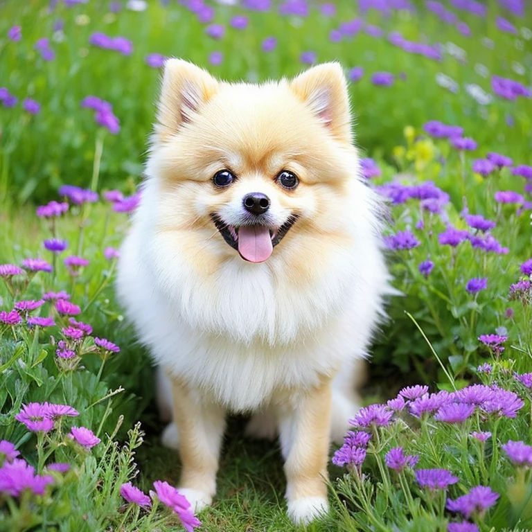 Simple and cute dog(Pomeranian)vibrant meadow design Blue eyes