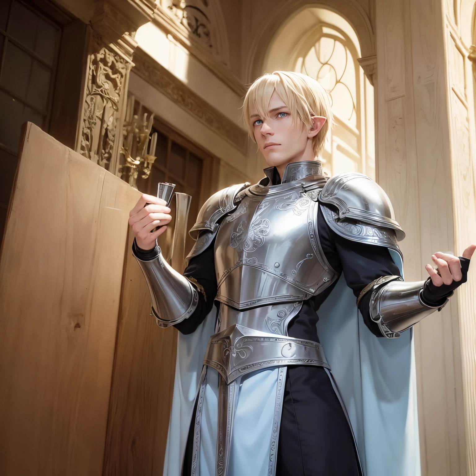 A dnd character who is handsome blond haired blue eyed elf pale man who is a strong paladin posing for a protait he is a noble in armor