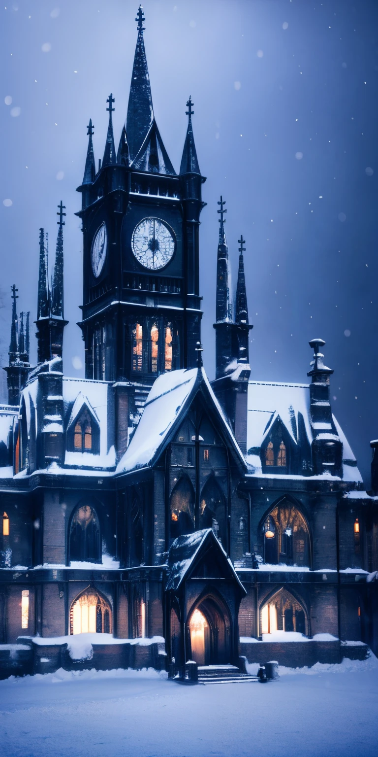 Detailed ambient , snowy , fantasy old gothic victorian buildings in the snow , dark ambience