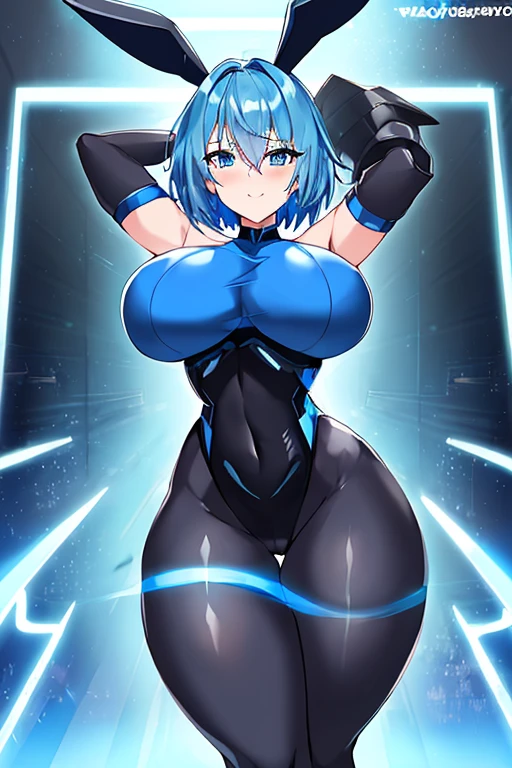 1girl, blue hair, large breasts, breasts, thick thighs, wide hips, blue eyes, bodysuit, black bodysuit, pantyhose, short hair, very short hair, light smile, science-fiction, tech, futuristic, black pantyhose, neon, machinery, bunny ears, rabbit ears, neon trim, anime style, 2d, anime screencap, shoulder armor, blue neon trim, hip sway, swaying hips, bouncing breasts, arms behind back, hands behind head, arms behind head, arms up, me!me!me dance /(meme/), dancing, dance, hourglass figure