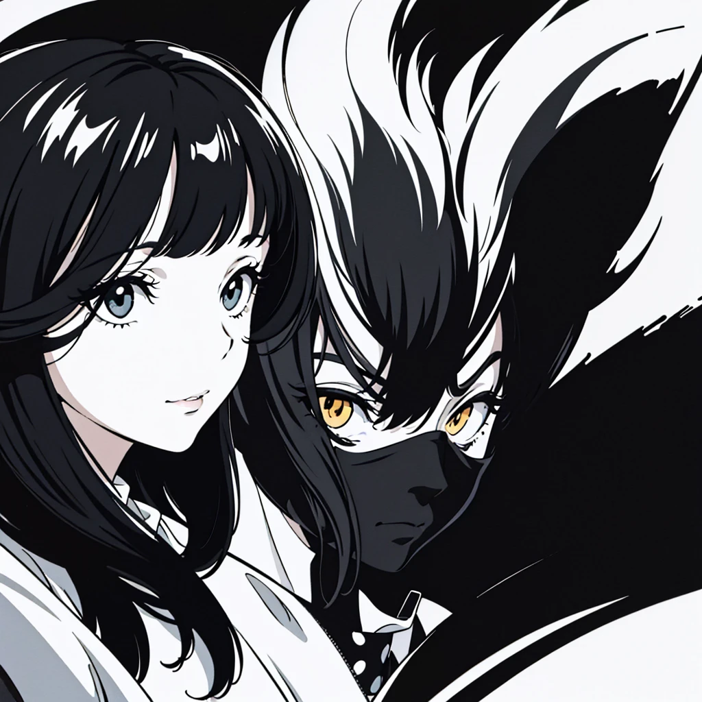 A nonchalant expression, Black and white, disheveled fringe, Moderately messy hair, seductive appearance, Black and white,Black and white painting,white backgrounid,Lateral face,cat ear,cheerfulness